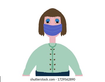 Girl with brown hair wearing a blue mouth mask. Room for copy. 