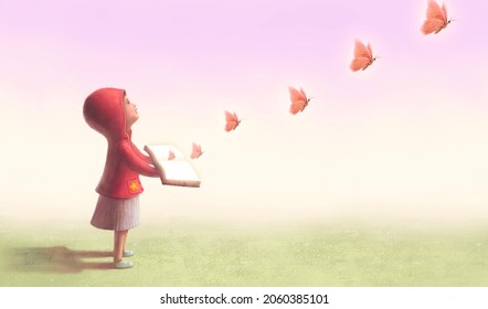 A girl and butterflies flying out a book of imagination. Concept idea of education inspiration creative dream child. conceptual art. surreal painting. fantasy 3d illustration.
