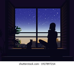 Girl And Cat By The Window, Sunset In The Window. 
Silhouette