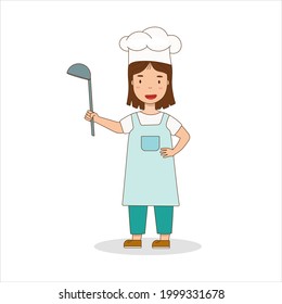 A girl chef in a hat and apron. A child in a chef's hat holds a ladle. Logo design template for baby food, menu, images of professions - Powered by Shutterstock