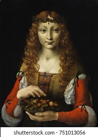 GIRL WITH CHERRIES, by Ambrogio de Predis, 1491_95, Italian Renaissance painting, oil on wood. The artist Ambrogio de Predis, was an associate of Leonardo da Vinci. It echoes Leonardos style in the so