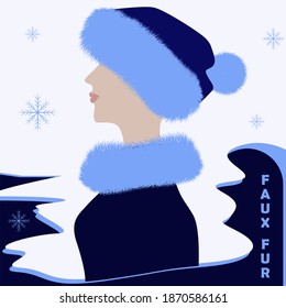 Girl In A Collar And A Knitted Hat With Fur Trim  Salon Of Fur Clothes. Winter Outerwear. Fashionable Faux Fur