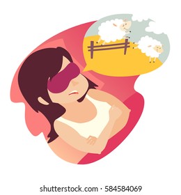 Girl With Counting Sheep. Stress, Problem Of Sleep, Insomnia Concept. Cartoon Woman In Bad. Sheep Jumping Over The Fence. Illustration On White Background. Flat Sticker. Insomnia Woman Icon