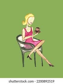 Girl With Cup Of Coffee Sitting In Street Cafe.Hand Drawn Young Woman Without A Face Sitting In Street Cafe.Watercolor Illustration Filtered Poster Edges In Photoshop. Blonde Hair Girl In Pink Dress