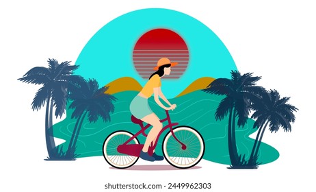 Girl cycling on road animation, cycling character full length, bicycle travel transport,Tourist young woman cycling down the street, Active urban, Cycling by the beach - Powered by Shutterstock