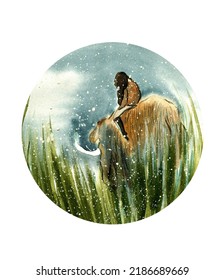 A Girl With Dark Hair Riding A Mammoth In The Tall Grass. Snow Is Falling. Raster Drawing In Traditional Watercolor Technique. Round Shape In Cartoon Style.