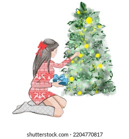 A girl decorating a Christmas tree Lady in a red jumper holiday illustration on white background
 - Powered by Shutterstock