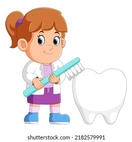 The Girl Dentist Is Brushing A Big White Teeth While Standing Of Illustration