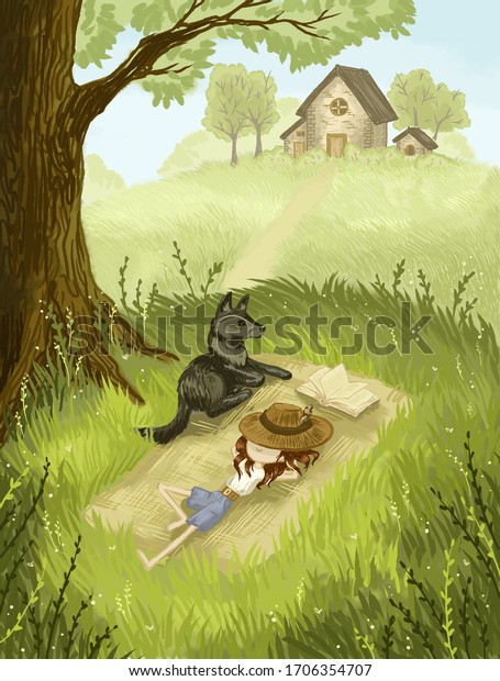 犬と一緒に草の上に寝ている女の子 暑い夏の天気 蜂と暖かい風 のイラスト素材