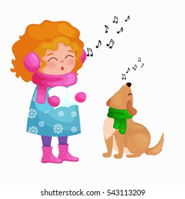 girl and dog singing christmas songs jingle bells music on winter holiday fun illustration - Animals Singing Christmas Songs girl and dog singing christmas songs jingle bells music on winter holiday fun illustration - Animals Singing Christmas Songs