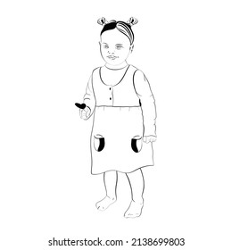 A Girl With Down Syndrome With A Lollipop. A Girl With Physical Disabilities. A Cheerful And Happy Child. Sunny Child. Sketch, Black And White Illustration.