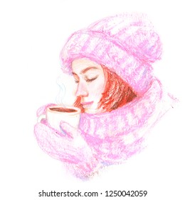 Girl Drinking Tea Or Coffee In Cold Winter - Color Pancil And Chalk Drawing, Artwork, Illustration