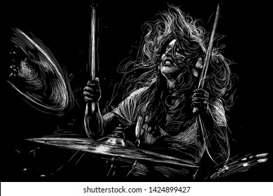 Girl drummer. Musician with drums. Rock drummer player. Sketch black and white illustration. Music poster - Powered by Shutterstock