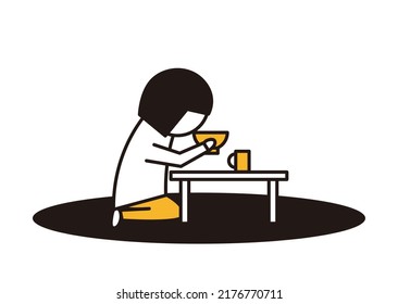 Girl Eating Alone Line Drawing Illustration In Black And Yellow