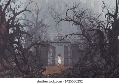 Girl Enter To Haunted Manor,3d Illustration