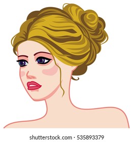 Girl Face With Bright Hair Tied A Neat Bun At The Nape. Long Hair Romantic Style.Raster Clip Art.