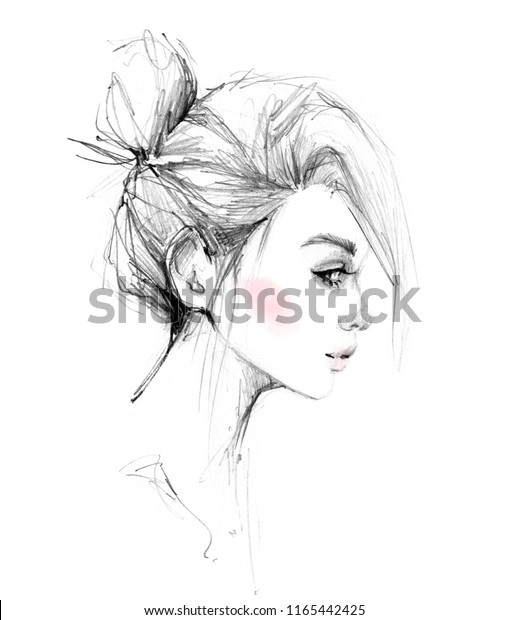 Girl Face Profile Bun Hairstyle Black Stock Illustration