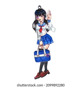 
A Girl In Fashionable Clothes With A Raised Hand And Holding A Duffel Bag In Her Hand.