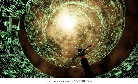 Girl flying up digital tunnel 3d render. Young woman launched upwards futuristic portal. Neon light tube with beaming sun rays on top. Sci fi cyber reality teleportation tunnel render