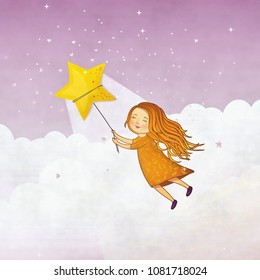 Girl flying with a star illustration