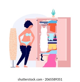 Girl Getting Dressed. Morning Time, Young Woman Wearing To Work Or Go Walk. Fat Problems, Overweight Illustration