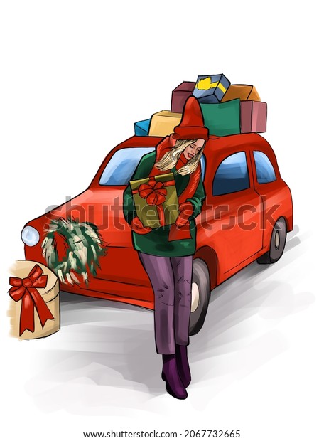 A girl with gifts stands\
next to the car and smiles. Girl teenager in a warm sweater and a\
voluminous red hat. Truck with gifts on the roof. Christmas\
illustration