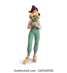 Сasual girl in glasses wears green overalls orange sneakers smelling bouquet of yellow tulips. Florist holds fresh flowers in her hands. International Women's Day. 3d render isolated on white backdrop - Powered by Shutterstock