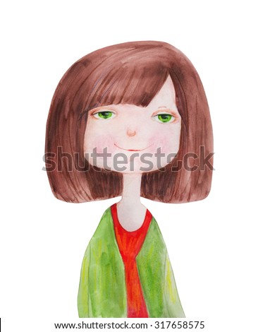 Girl with green eyes and brown hair. Watercolor Illustration. Hand drawing