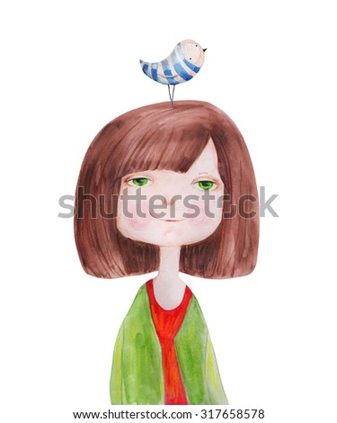 Girl with green eyes and with striped bird on head. Watercolor Illustration. Hand drawing