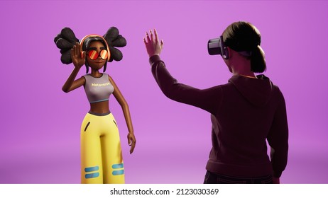 Niña saludando a avatar virtual en el Metaverse mientras usa un auricular de realidad virtual. Representación 3D