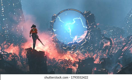 girl with a gun looking at the destroyed futuristic portal in ruin city, digital art style, illustration painting