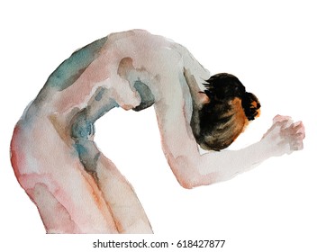 A girl with a haircut in the slope or entreaty, made manually by watercolor on paper.