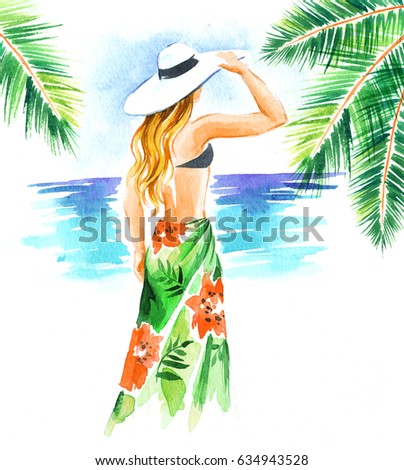 Girl in hat and swimsuit in the beach, watercolor illustration on white background.