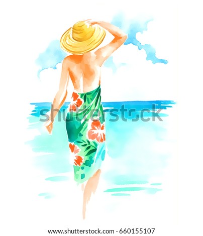 Girl in hat and swimsuit in the beach, watercolor illustration on white background.