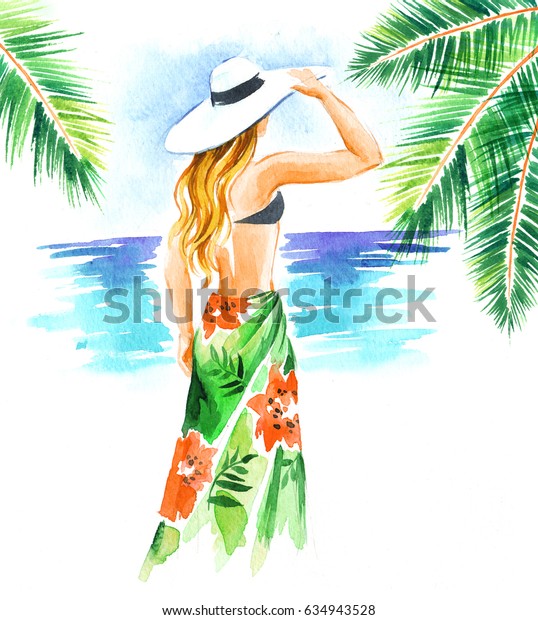 Girl Hat Swimsuit Beach Watercolor Illustration Stock Illustration ...