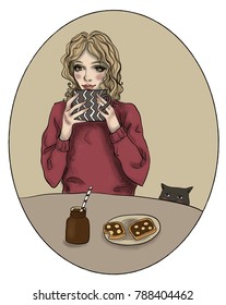 The girl is having breakfast at the table  The girl   her cat  Cute illustration white background