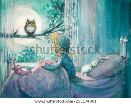 Girl in her bed looking at owl on a tree.Picture created with watercolors