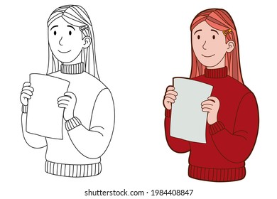 Girl Holding Blank Piece Of Paper. Jpeg Illustration For Cards, Posters, Stickers, Prints. Coloring Page With Color Option.