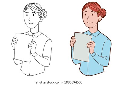 Girl Holding Blank Piece Of Paper. Jpeg Illustration For Cards, Posters, Stickers, Prints. Coloring Page With Color Option.