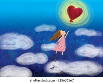girl holding heart shape balloon flying high in dark blue sky with clouds, girl feet with broken chain representing free, freedom, love, fly, valentine, dream, hope, wish drawing background