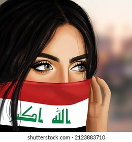 Girl Holding Iraqi Flag To Her Face