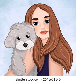 Girl holding Spitz dog. Hand drawn fashion illustration for your design. girl hugging her dog with leaves for thanks and birthday cards. romantic girl, Cartoon Fashion beautiful girl portrait - Powered by Shutterstock