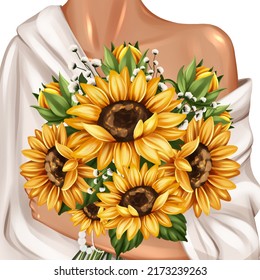 Girl holding sunflowers bouquet close up. Hand drawn fashion illustration - Powered by Shutterstock