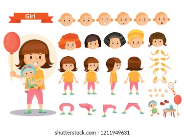 Girl Kid Playing Games And Toys Cartoon Child Character Constructor Isolated Icons Of Body Parts And Face Emotions. Construction Set For Create A Young Girl Child Playing Doll