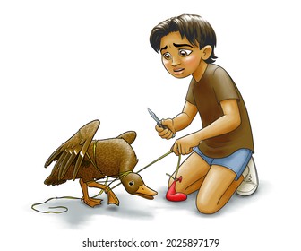 A girl kneels, preparing to cut a tangled balloon string off of a trapped duck with a pocket knife.  