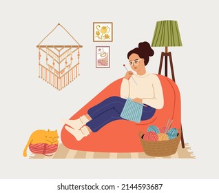 Girl Knit. Knitting Clothes, Woman Relaxing In Big Chair. Cozy Scandinavian Interior With Young Female And Cat, Season Greetings Card Print