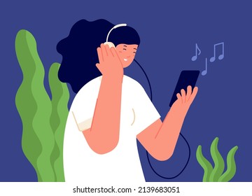 Girl listen music. Person in headphones, cartoon woman listening audiobook or podcast on phone. Teenage with smartphone utter character