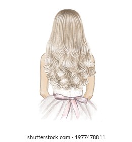 Girl With Long Blonde Hair Like A Doll. Hand Drawn Illustration