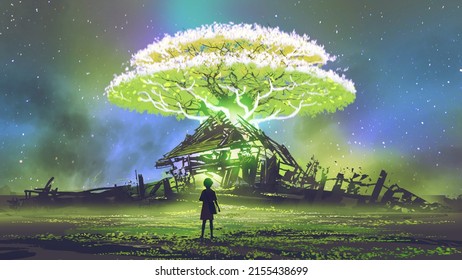 girl looking at the glowing tree formed by the ruins of the house, digital art style, illustration painting