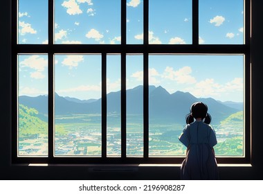Girl Looking Out Window Digital Illustration Stock Illustration ...